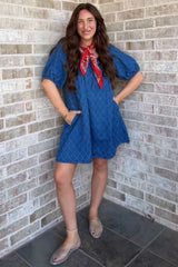Navy Chambray Jacquard Puff Sleeve Mini Dress