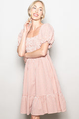 Rust Gingham Smocked Puff Sleeve Dress