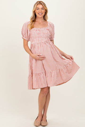 Rust Gingham Smocked Puff Sleeve Maternity Dress