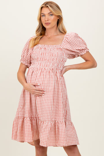 Rust Gingham Smocked Puff Sleeve Maternity Dress