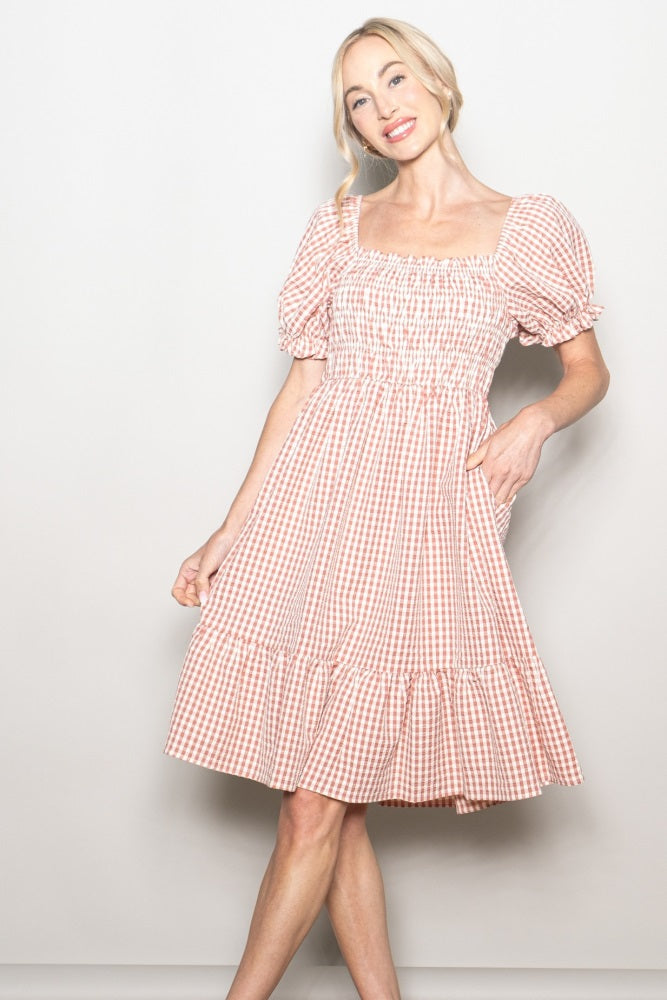Rust Gingham Smocked Puff Sleeve Dress