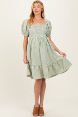 Light Olive Gingham Smocked Puff Sleeve Maternity Dress