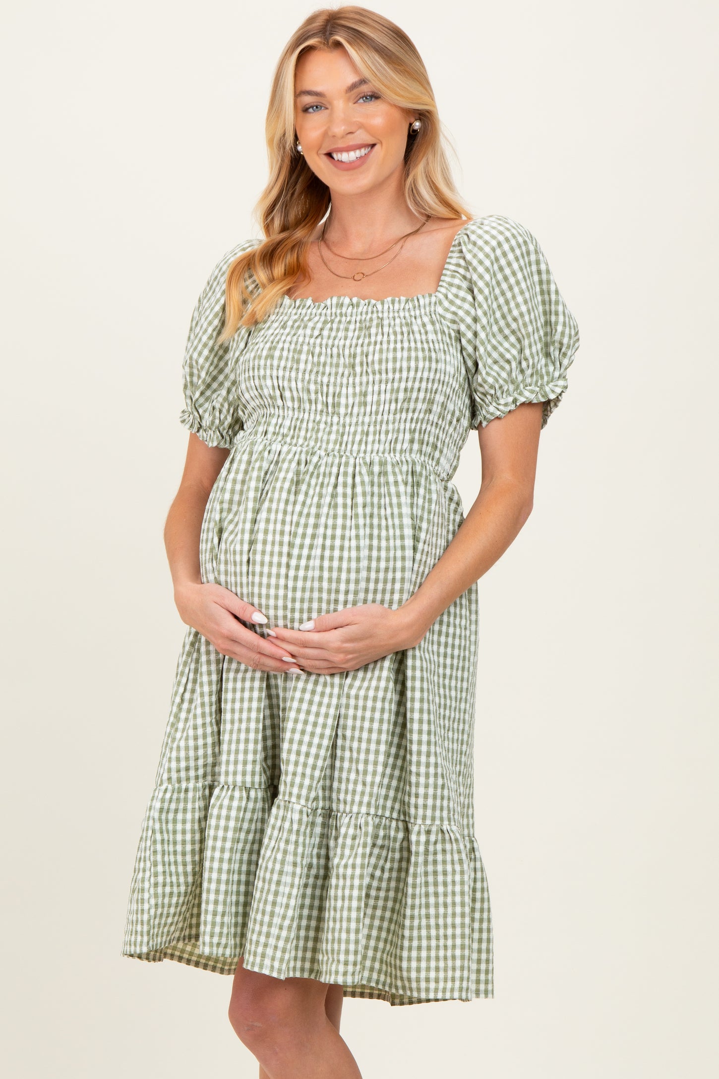 Light Olive Gingham Smocked Puff Sleeve Maternity Dress