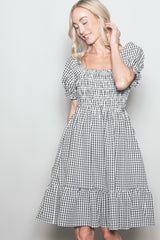 Black Gingham Smocked Puff Sleeve Maternity Dress