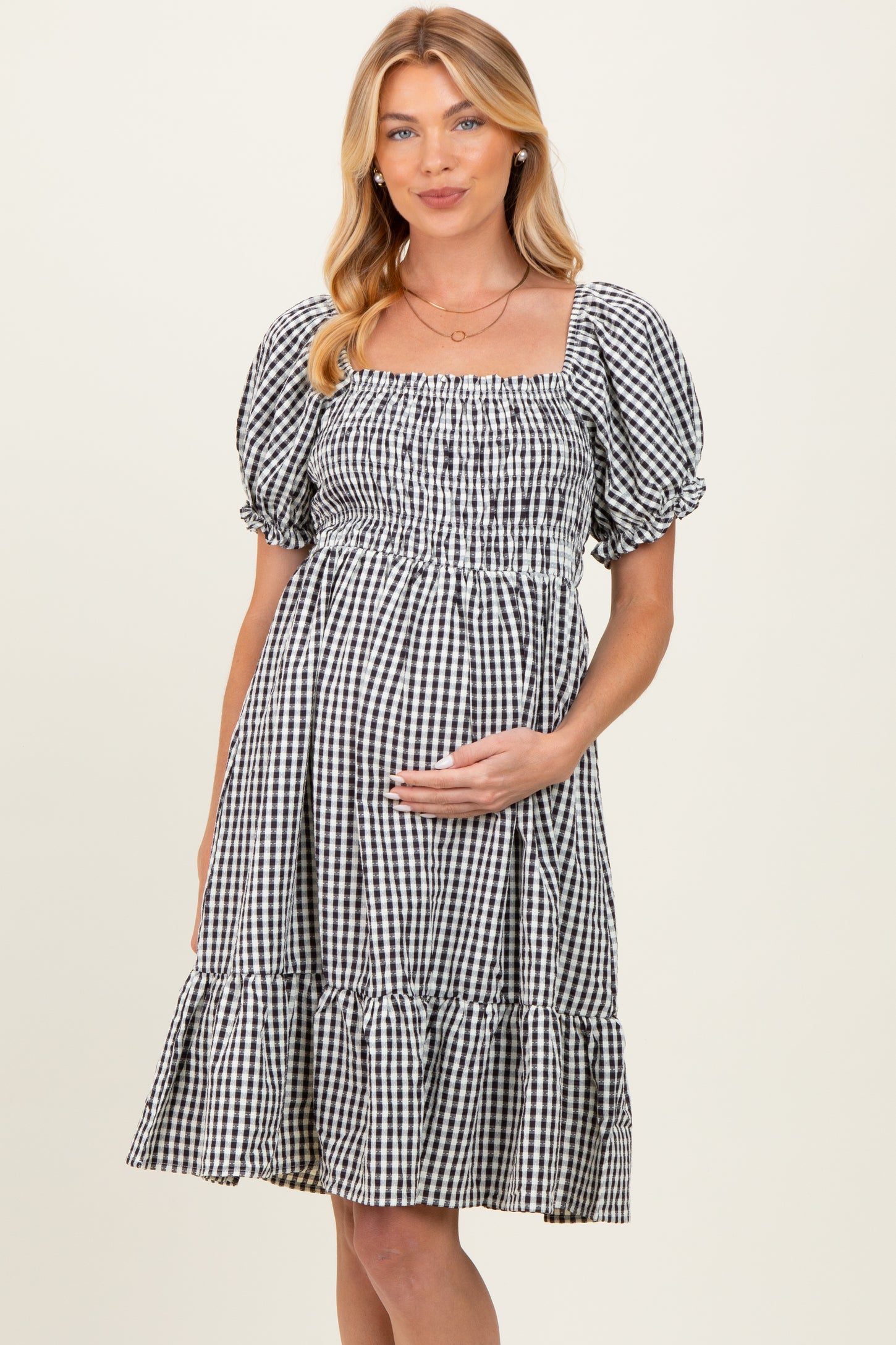Black Gingham Smocked Puff Sleeve Maternity Dress