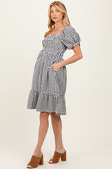 Black Gingham Smocked Puff Sleeve Maternity Dress