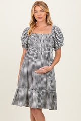 Black Gingham Smocked Puff Sleeve Maternity Dress