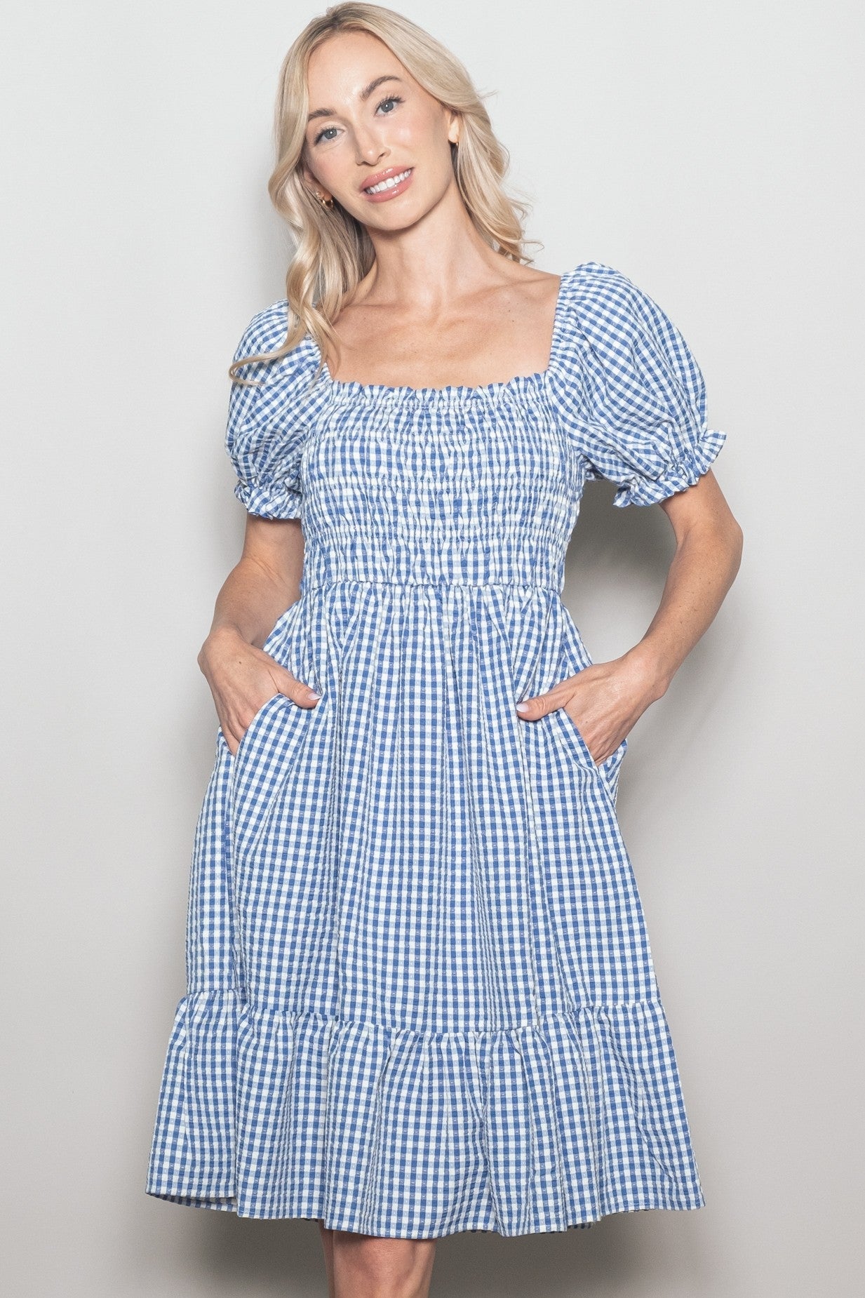 Blue Gingham Smocked Puff Sleeve Maternity Dress