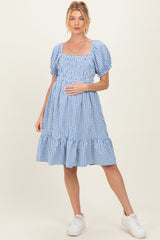 Blue Gingham Smocked Puff Sleeve Maternity Dress