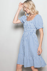 Blue Gingham Smocked Puff Sleeve Dress