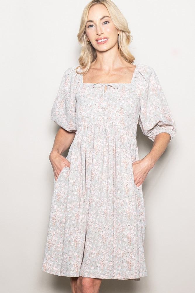 Light Olive Floral Front Tie Dress