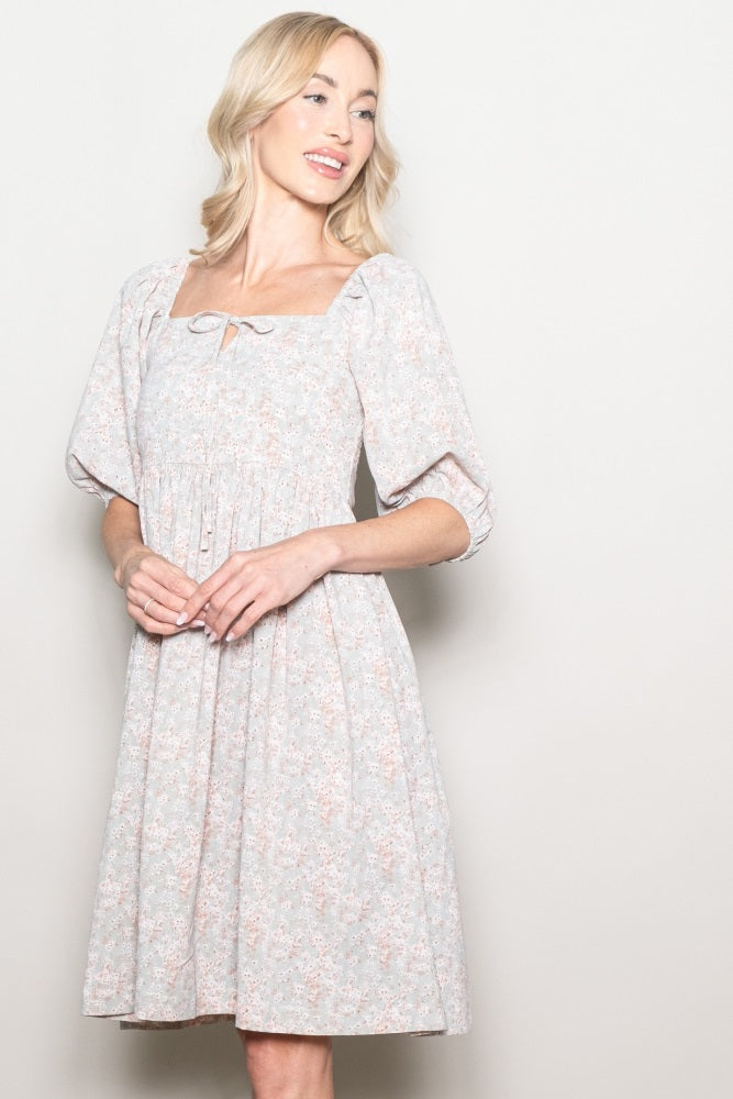 Light Olive Floral Front Tie Dress