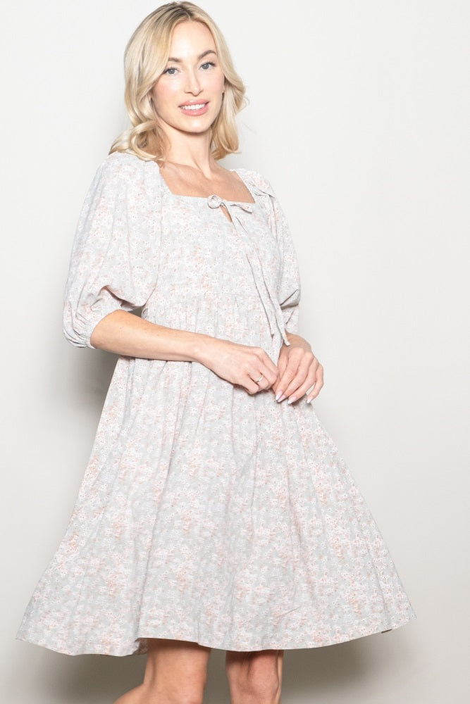 Light Olive Floral Front Tie Dress