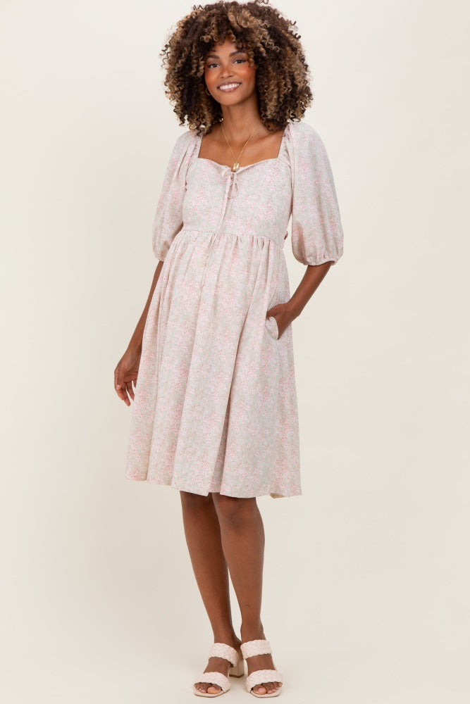 Light Olive Floral Front Tie Maternity Dress