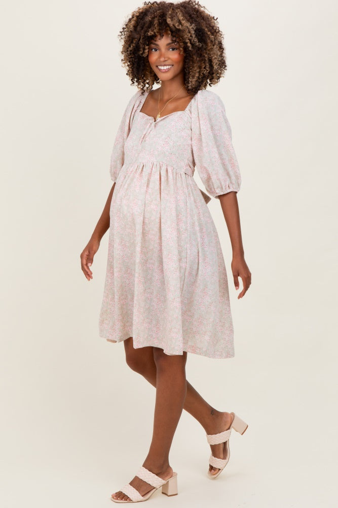 Light Olive Floral Front Tie Maternity Dress
