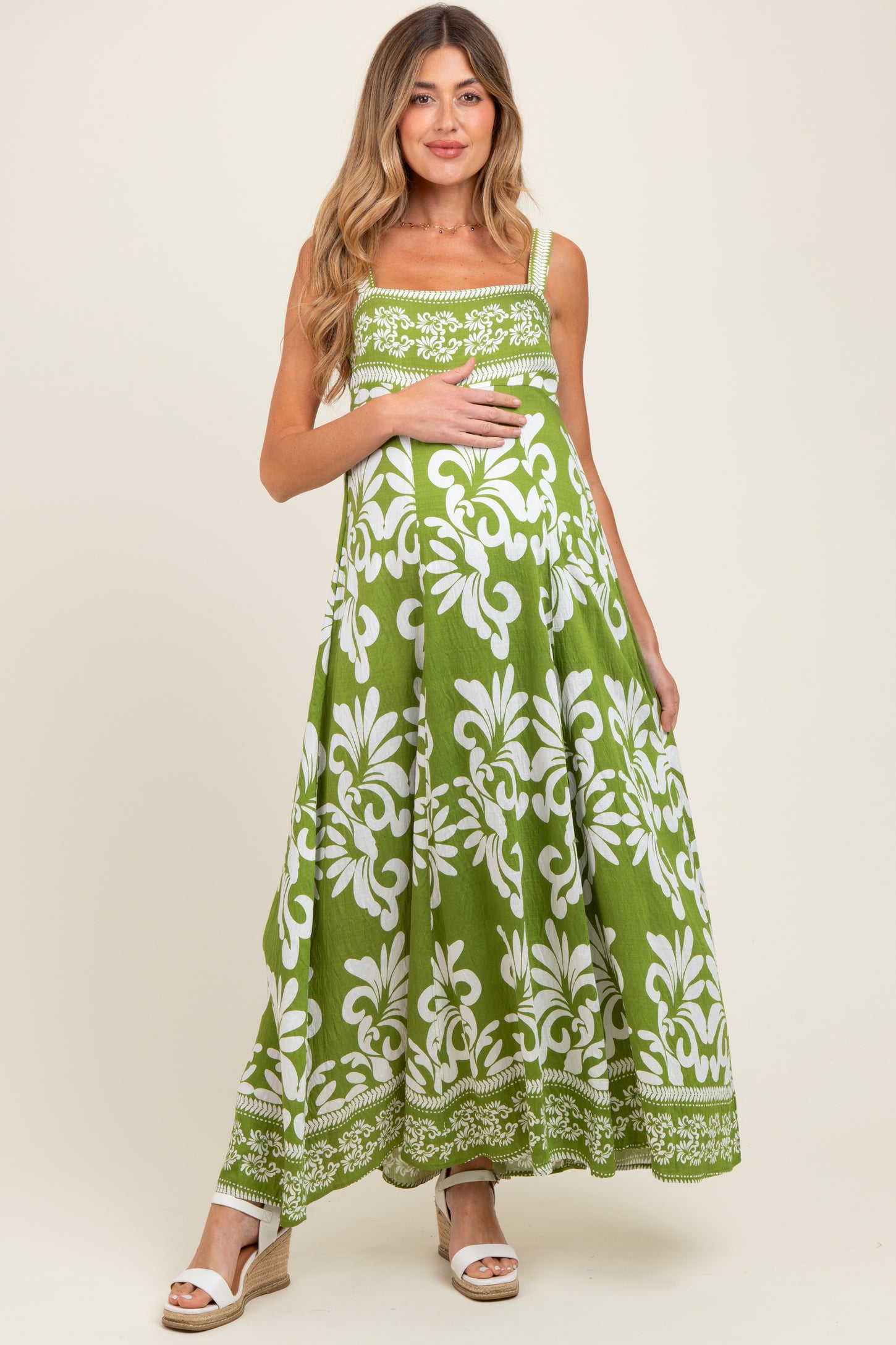 Green Resort Border Print Maternity Maxi Dress