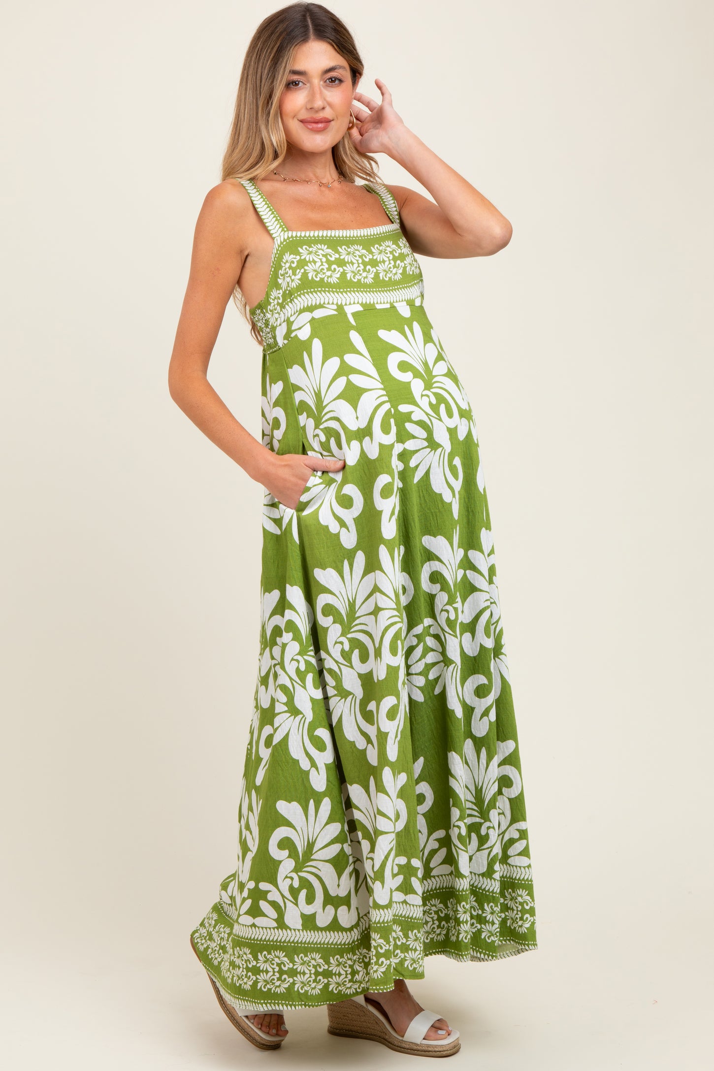 Green Resort Border Print Maternity Maxi Dress