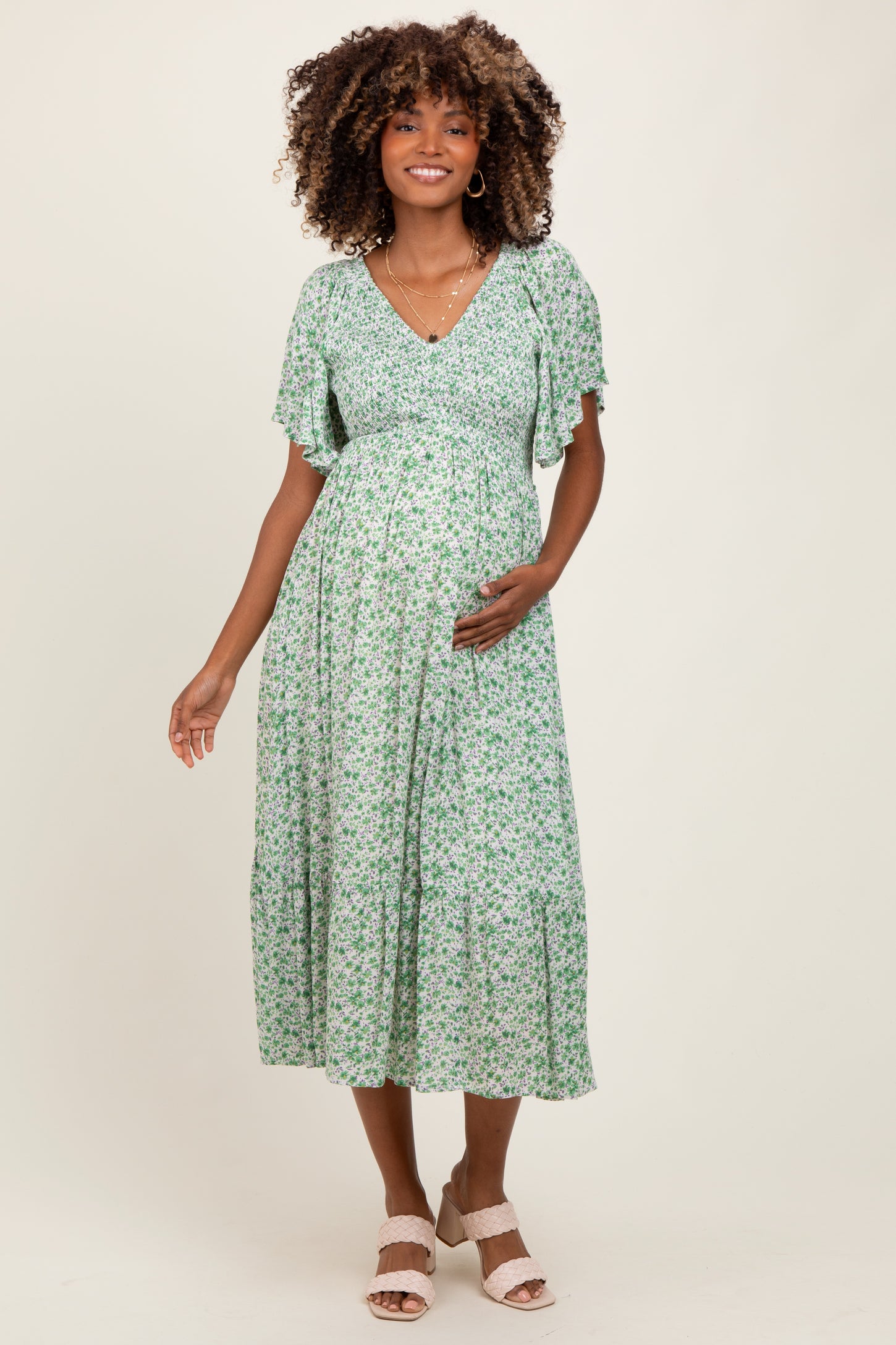 Green Floral Smocked Flutter Sleeve Maternity Midi Dress