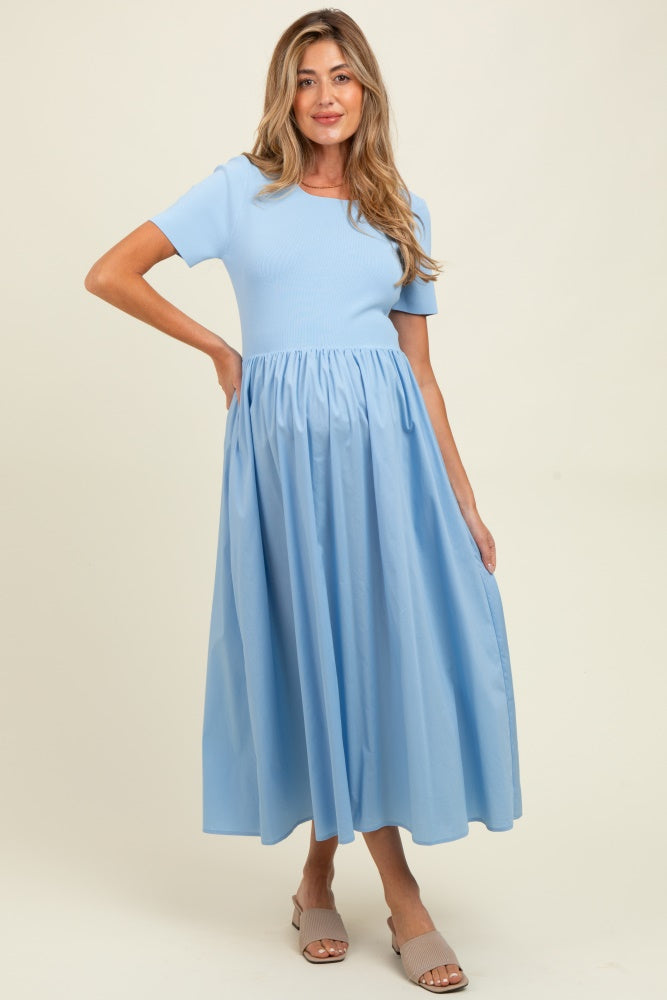 Light Blue Solid Maternity Maxi Dress