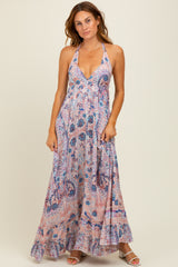 Mauve Paisley Halter V-Neck Cutout Maternity Maxi Dress
