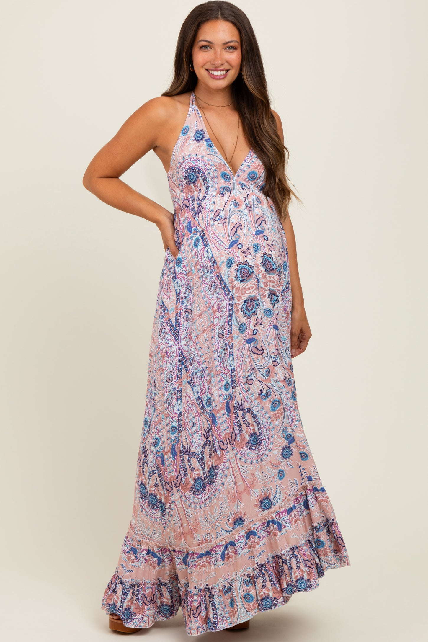 Mauve Paisley Halter V-Neck Cutout Maternity Maxi Dress