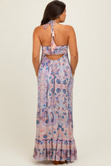 Mauve Paisley Halter V-Neck Cutout Maternity Maxi Dress