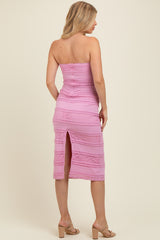 Pink Lace Ruffle Tiered Strapless Maternity Midi Dress