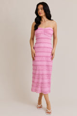 Pink Lace Ruffle Tiered Strapless Midi Dress