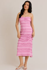 Pink Lace Ruffle Tiered Strapless Midi Dress