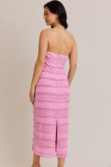 Pink Lace Ruffle Tiered Strapless Midi Dress