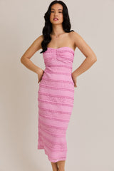 Pink Lace Ruffle Tiered Strapless Midi Dress