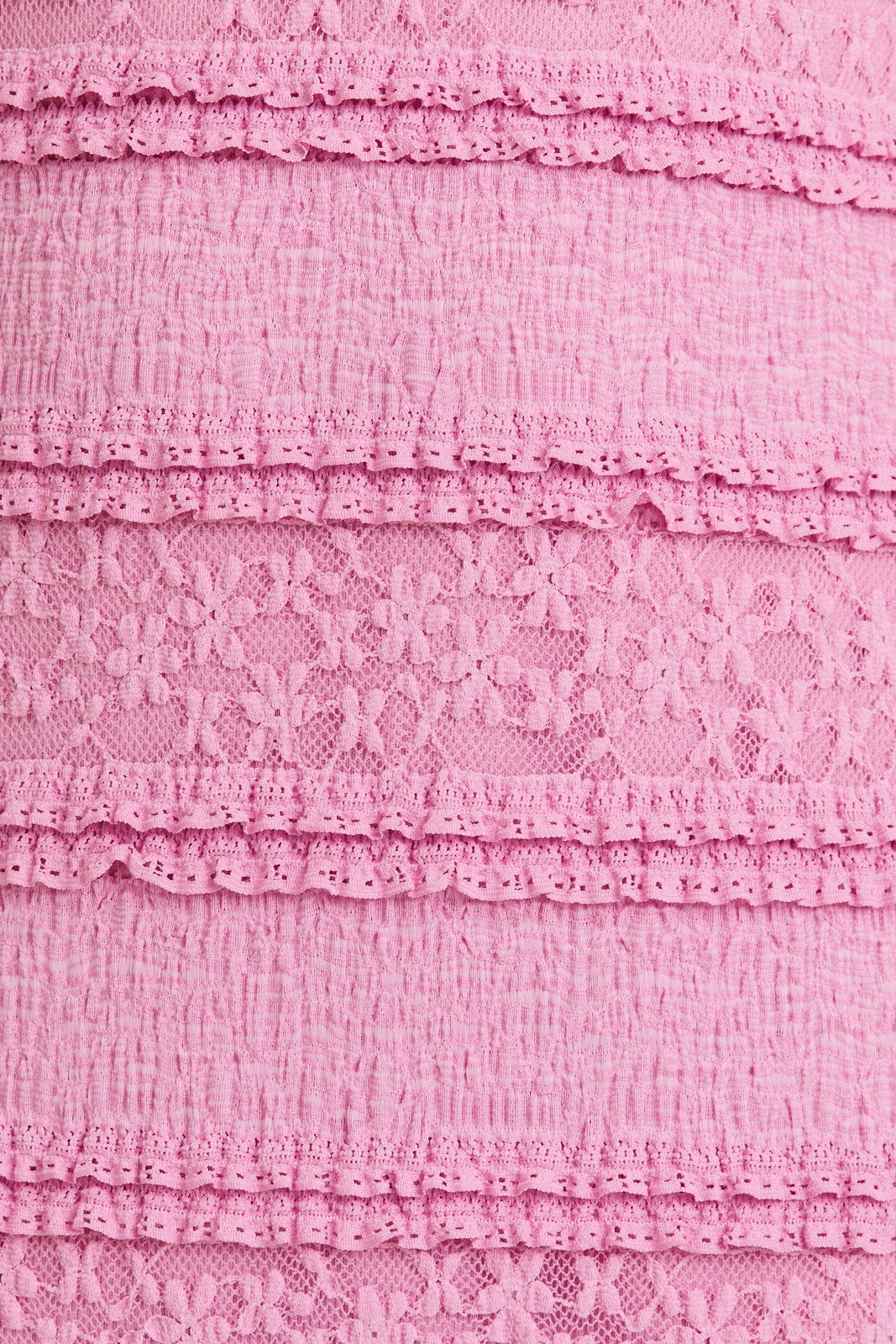 Pink Lace Ruffle Tiered Strapless Midi Dress