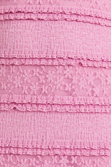 Pink Lace Ruffle Tiered Strapless Midi Dress