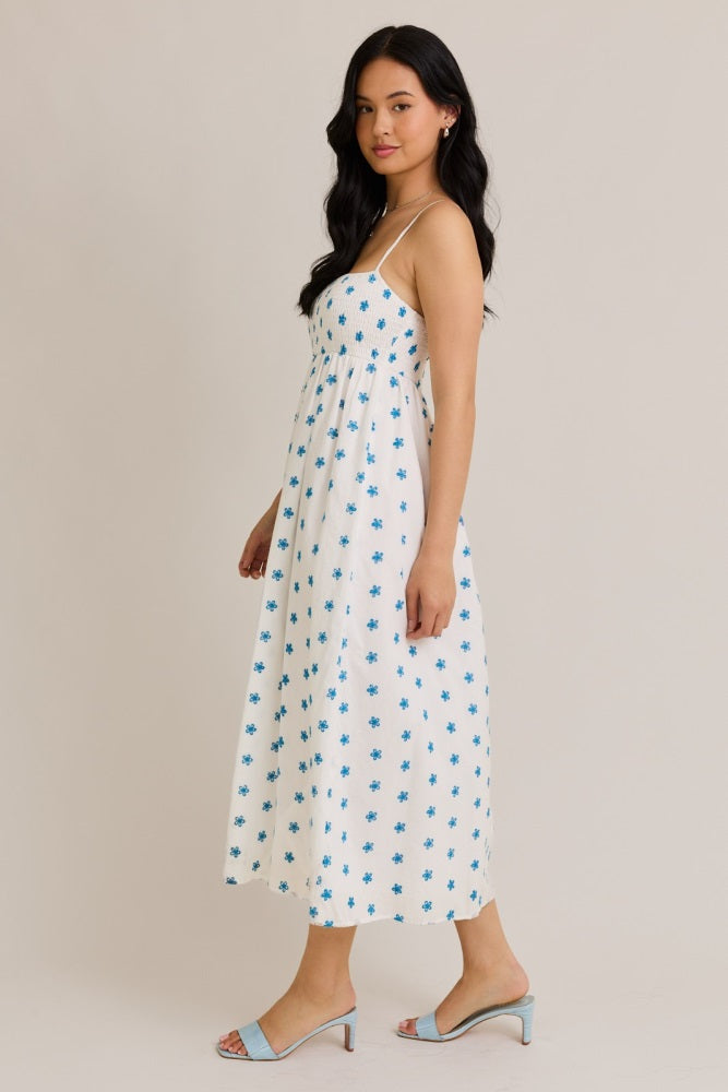 White Floral Smocked Sleeveless Midi Dress