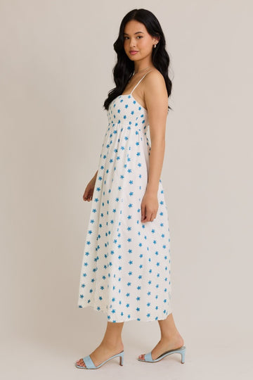 White Floral Smocked Sleeveless Midi Dress