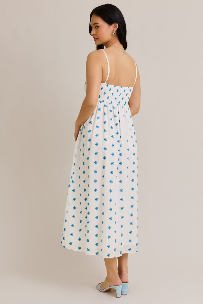 White Floral Smocked Sleeveless Midi Dress