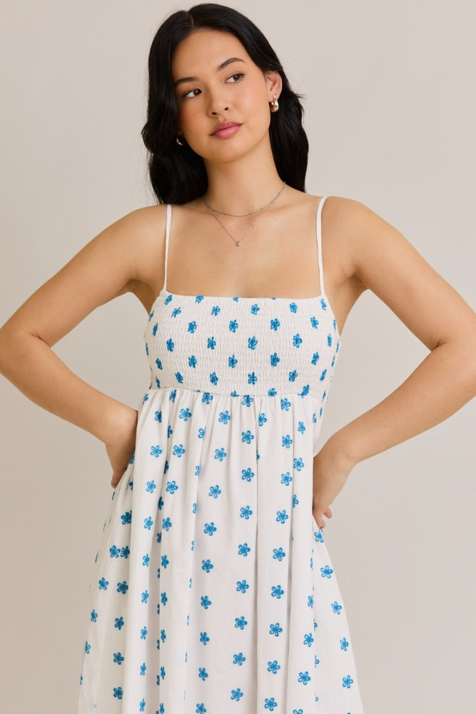 White Floral Smocked Sleeveless Midi Dress