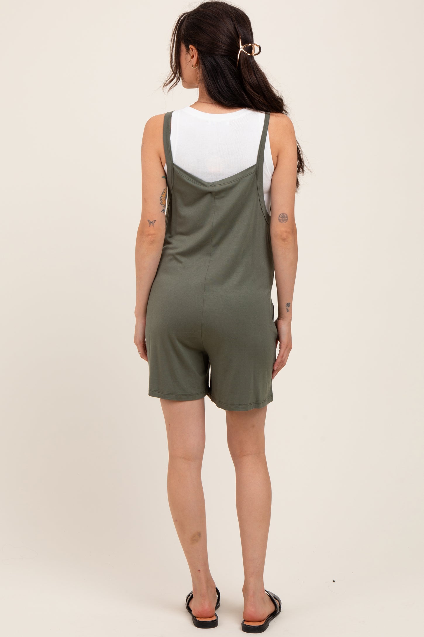 Green Olive Front Pocket Overall Knit Maternity Romper