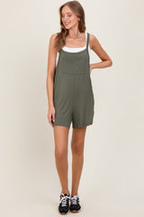 Green Olive Front Pocket Overall Knit Romper