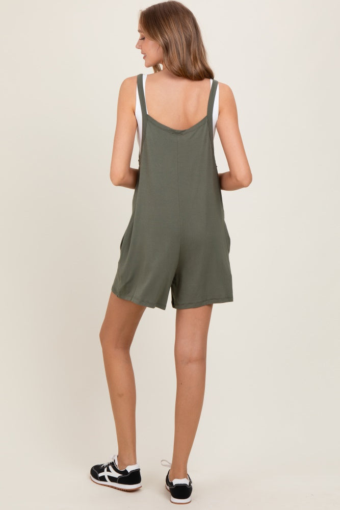 Green Olive Front Pocket Overall Knit Romper