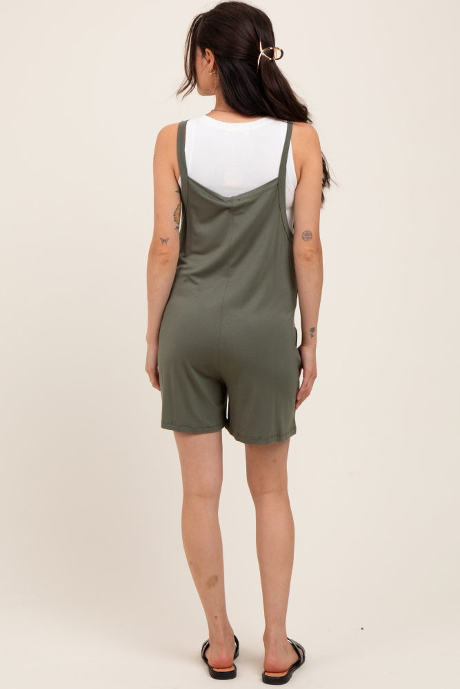 Green Olive Front Pocket Overall Knit Maternity Romper
