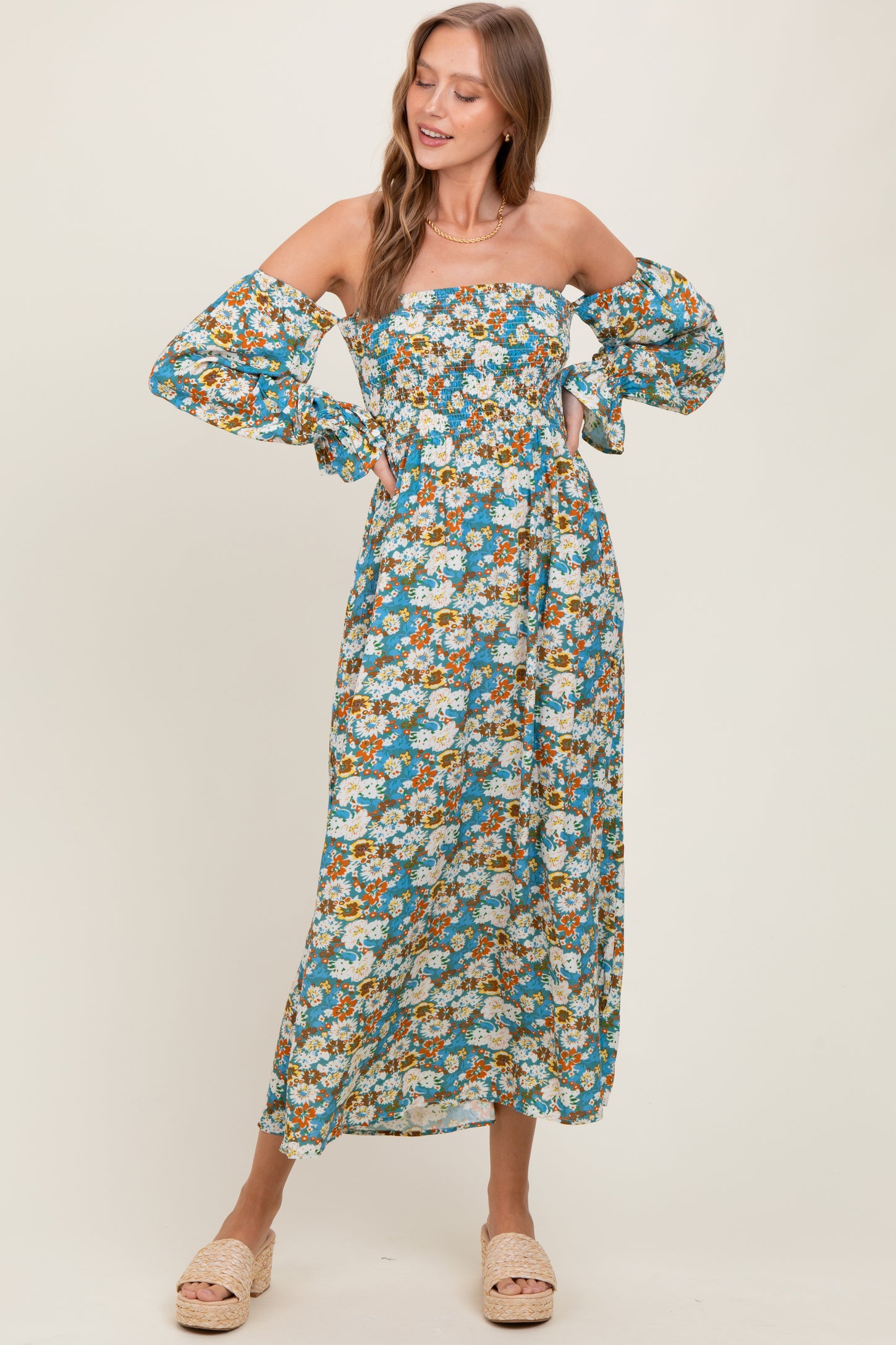Deep Teal Floral Print Off Shoulder Smocked Maxi Dress