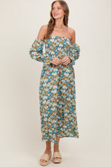 Deep Teal Floral Print Off Shoulder Smocked Maxi Dress