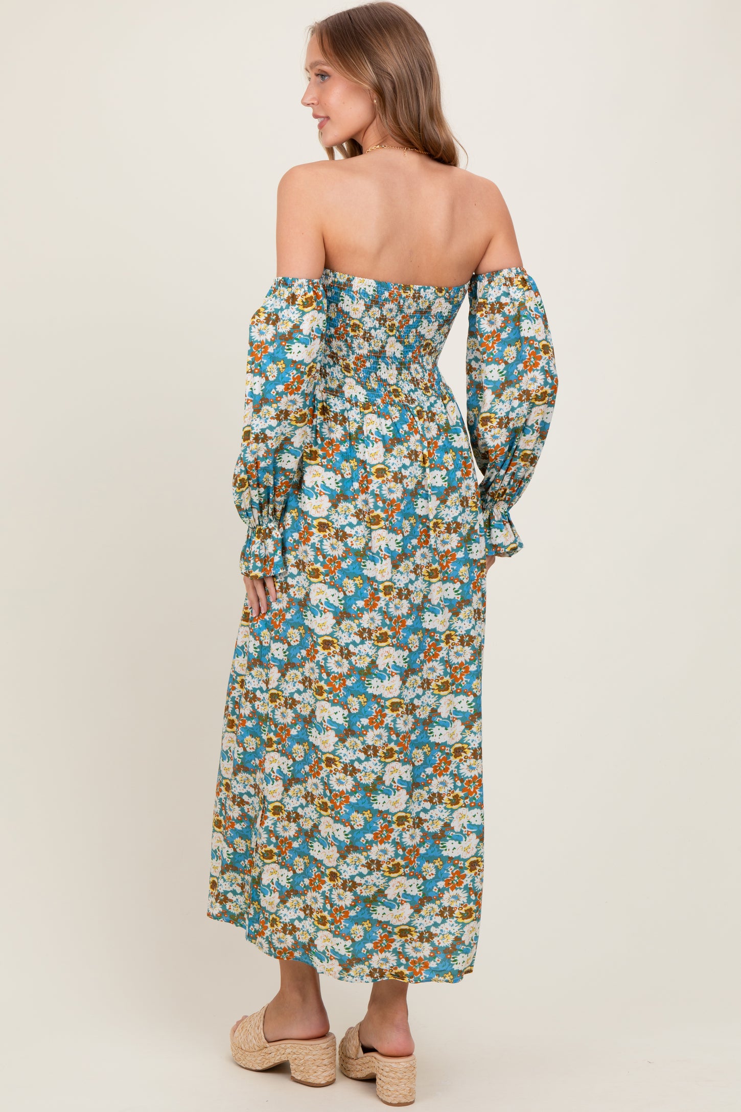 Deep Teal Floral Print Off Shoulder Smocked Maxi Dress