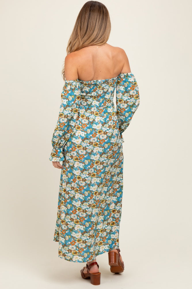 Deep Teal Floral Print Off Shoulder Smocked Maternity Maxi Dress