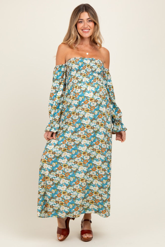 Deep Teal Floral Print Off Shoulder Smocked Maternity Maxi Dress