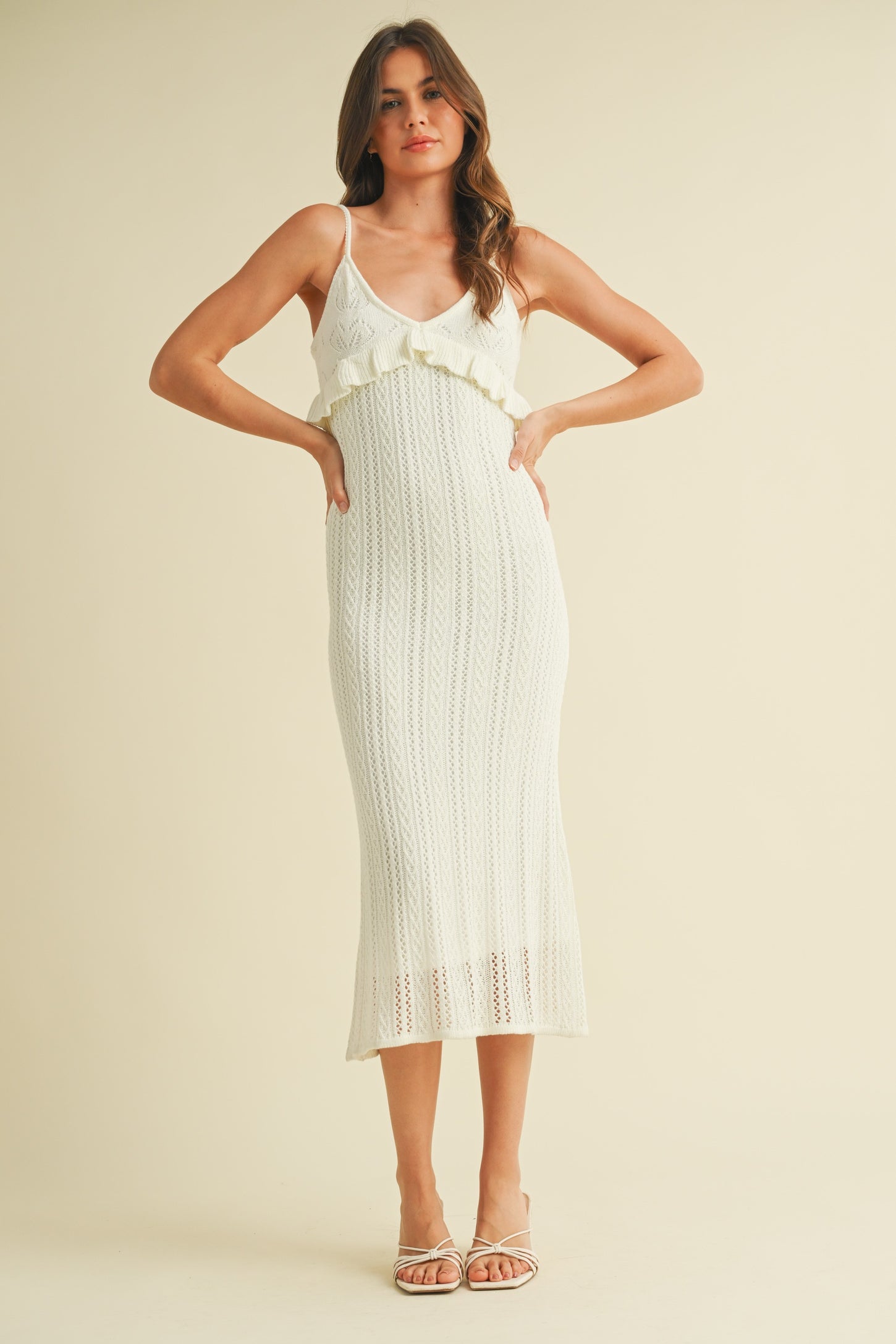Ivory Sleeveless Frill Sweater Midi Dress