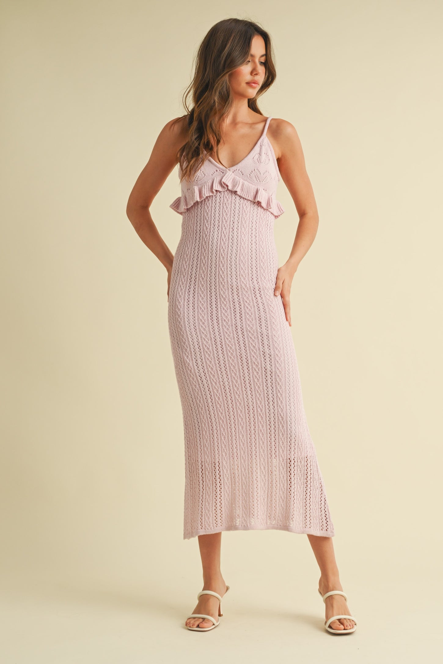 Light Pink Sleeveless Frill Sweater Midi Dress
