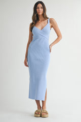 Light Blue Ribbed V-Neck Back Cutout Midi Dress