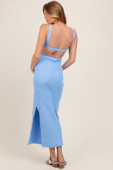Light Blue Ribbed V-Neck Back Cutout Maternity Midi Dress